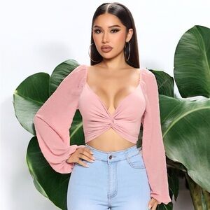 NWT FASHION NOVA (M) Marjorie Knot Front Top Balloon Sleeves Tie Back Dusty Pink
